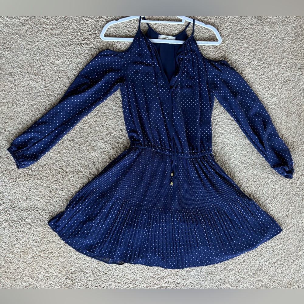 Michael Kors Blue White Polka Dot Cd Shoulder Tie Front Pleated Dress Size XXS
